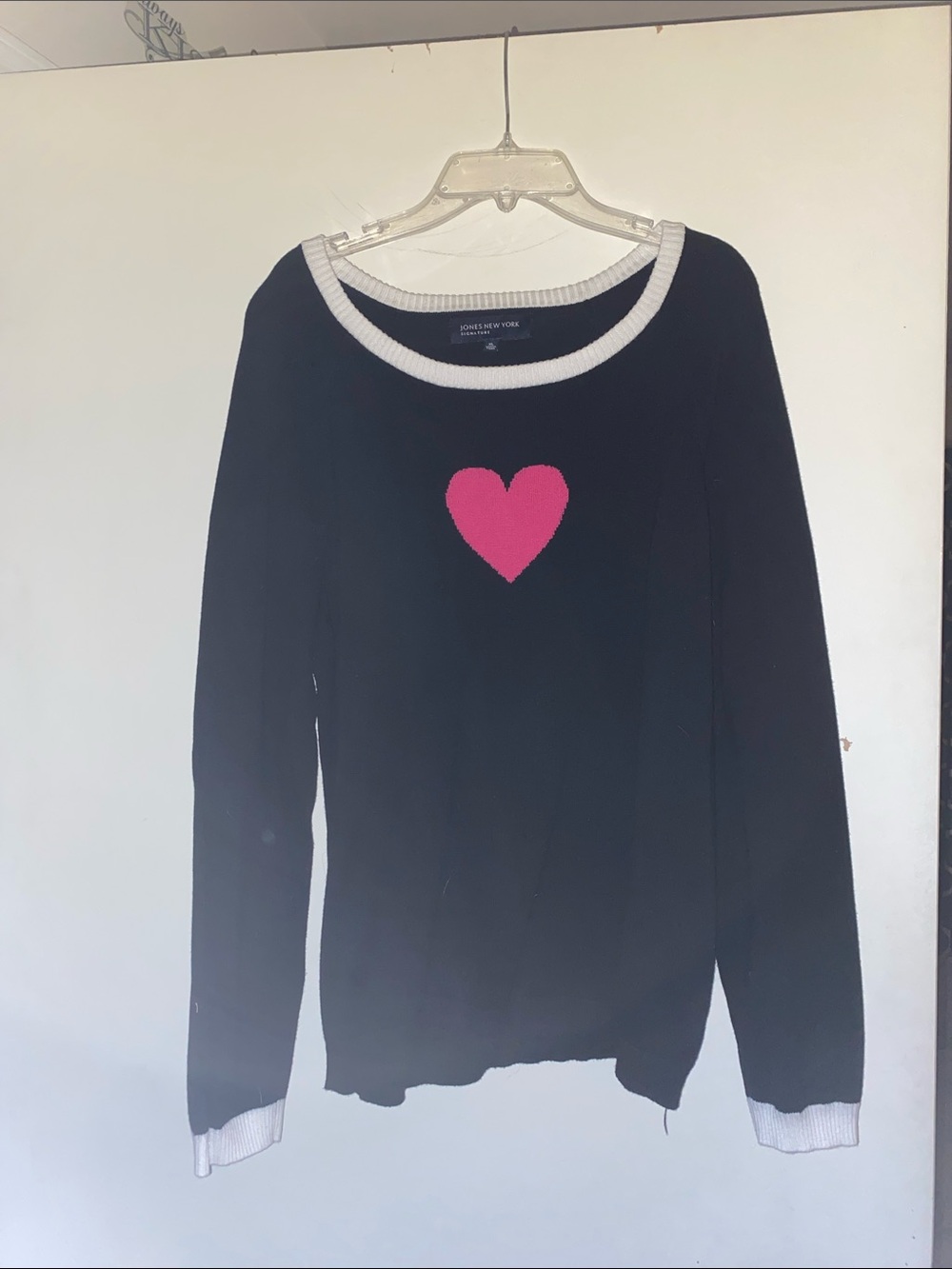 Jones New York Black Sweater with Pink Heart and White Trim